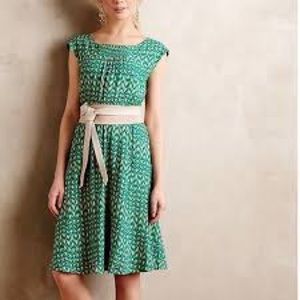 Anthropologie Maeve Evaline Green Geometric Print Smocked dress